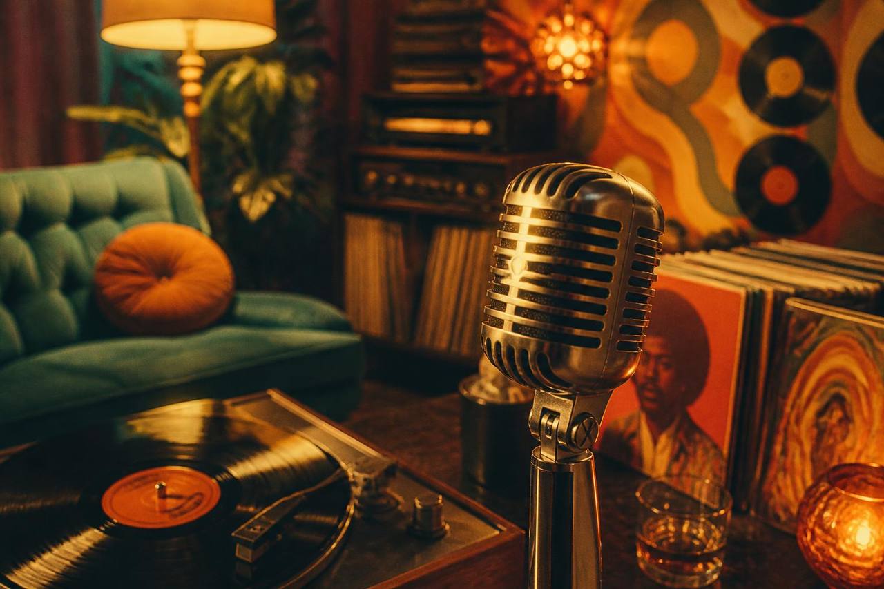 Ambiance rétro années 70 : microphone vintage, vinyles et fauteuil