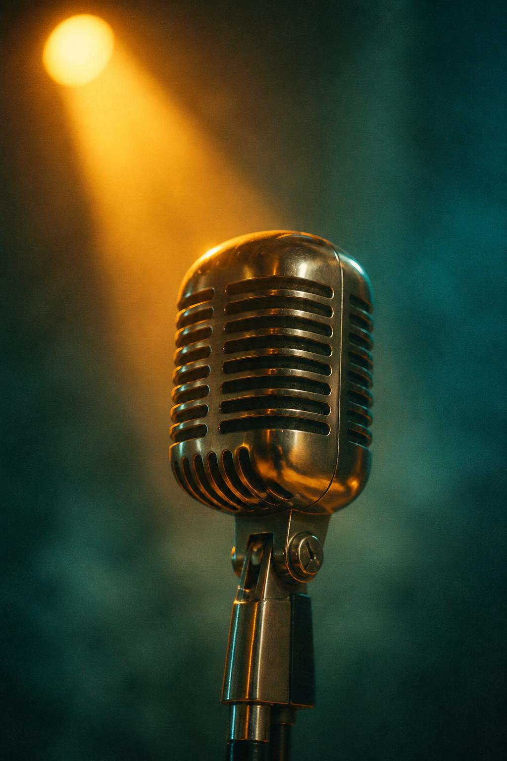 Microphone vintage sous un projecteur doré